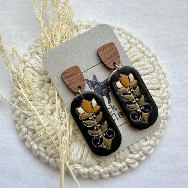 Black Folk Floral Clay Dangle Earrings | Boho Polymer Clay Earrings | Fall Autumn Earrings | Lightweight Dangle Earrings