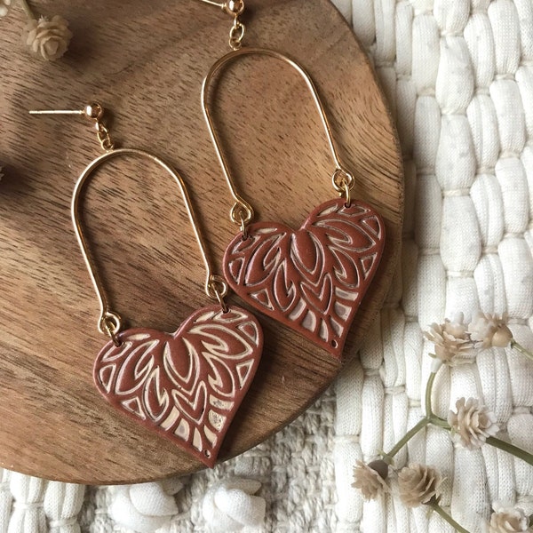 Terracotta Tile Heart Clay Earrings | Valentine's Day Gift | Boho Clay Earrings | Lightweight Statement Earrings | Polymer Clay Earrings