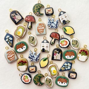 Hand Painted Polymer Clay Charms for Necklace / Bracelet | Handmade Gold Charm | Lemon Cat Floral Mushroom Moon |  Cottagecore Clay Charms