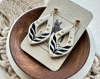 Folk Art Leaf Tear Drop Clay Earrings | Nordic Flower Earrings | Lightweight Statement Earrings | Polymer Clay Dangle Earrings