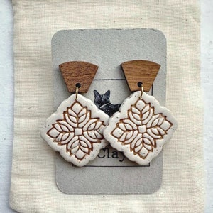 Tile Boho Clay Earrings | Neutral Earrings | Talavera Tile Earrings | Boho Polymer Clay Dangle Earrings | Lightweight Earrings