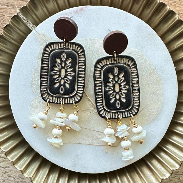 Black Batik Print Shell Clay Earrings | Mudcloth Print Dangle Earrings | Lightweight Statement Earrings | Polymer Clay Dangle Earrings
