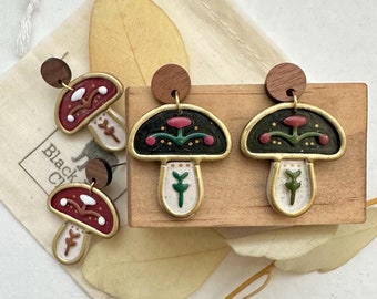Folk Mushroom Polymer Clay Earrings | Cottagecore Earrings | Boho Clay Earrings | Lightweight Clay Dangle Earrings
