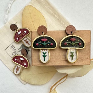 Folk Mushroom Polymer Clay Earrings | Cottagecore Earrings | Boho Clay Earrings | Lightweight Clay Dangle Earrings