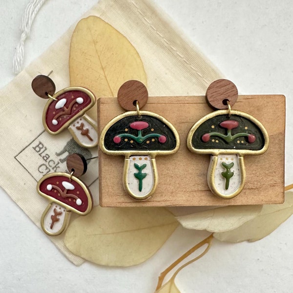 Folk Mushroom Polymer Clay Earrings | Cottagecore Earrings | Boho Clay Earrings | Lightweight Clay Dangle Earrings