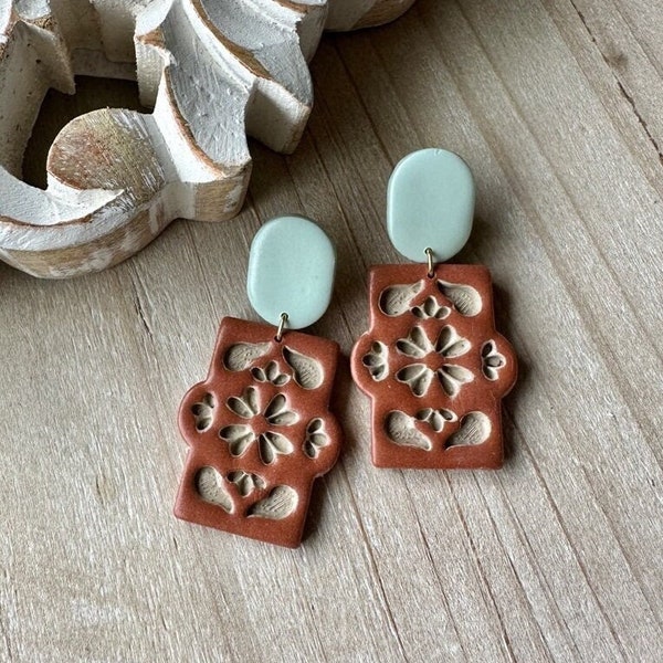 Papel Picado Tile Clay Earrings | Terracotta Earrings | Talavera Tile Earrings | Boho Polymer Clay Dangle Earrings