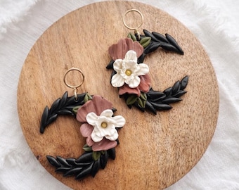 Black Leaf Floral Moon Clay Earrings | Celestial Clay Earrings | Modern Boho Earrings | Lightweight Earrings | Polymer Clay Dangle Earring