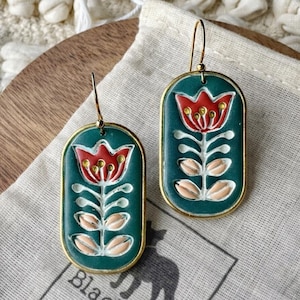 Teal Folk Floral Clay Dangle Earrings | Boho Flower Clay Earrings | Scandinavian Style | Lightweight Polymer Clay Dangle Earrings