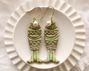 Jade Fish Clay Earrings | Tinned Fish Earrings | Sardine Earrings | Coastal Nautical Jewelry | Lightweight Polymer Clay Dangle Earrings