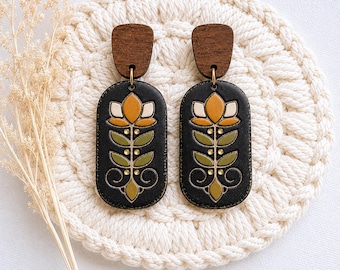 Black Folk Floral Clay Dangle Earrings | Boho Polymer Clay Earrings | Cottagecore Earrings | Lightweight Dangle Earrings