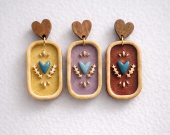Folk Art Heart Clay Earring | Mexican Folk Art Earrings |  Valentines Day Gift | Cottagecore Heart | Lightweight Polymer Clay Earrings