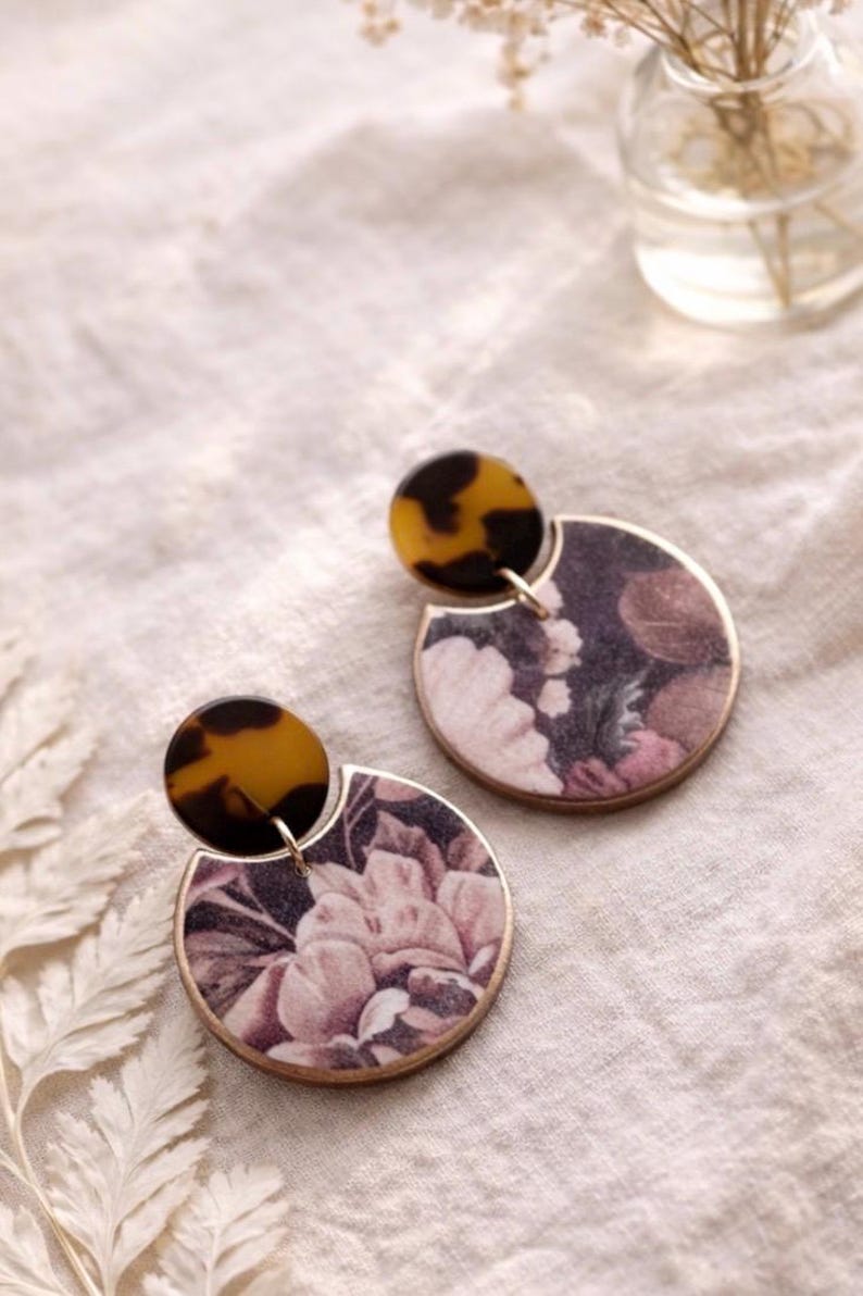 Moody Floral Clay Dangle Earrings | Victorian Floral Dark Academia | Tortoise Flower Clay Earrings | Lightweight Polymer Clay Dangle Earring image 3