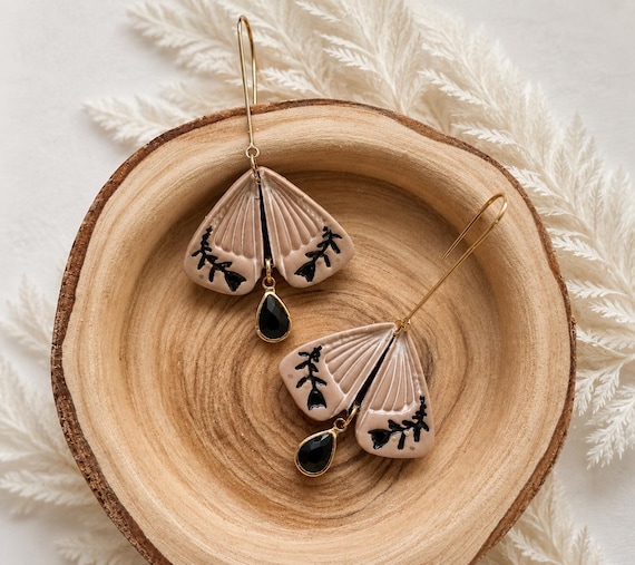 Neutral Moth Butterfly Clay Earrings | Cottagecore Earrings | Woodland Fairy Clay Earrings | Lightweight Polymer Clay Earrings