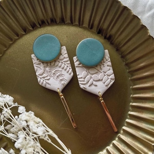Teal Faux Stone Statement Stud Clay Earrings | Ivory Leaf Earrings | Oversized Layered Stud Earrings | Lightweight Polymer Clay Earrings