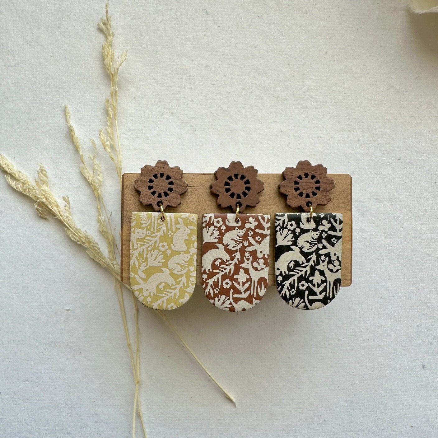Woodland Animal Boho Print Clay Earrings | Fall Autumn Earrings | Cottagecore Earrings | Lightweight Polymer Clay Earrings