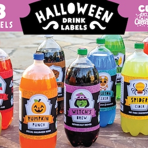 May include: Eight Halloween-themed drink labels featuring spooky characters and designs. The labels are printed on white paper with black text and illustrations. The labels include names like "Vampire's Blood", "Pumpkin Punch", "Witch's Brew", "Skeleton Elixir", and "Spider Cider".