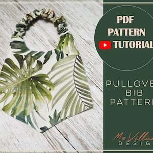 Op de afbeelding: Een groen en wit tropisch bladprint pull-over slabbetje patroon. Het patroon bevat een PDF-tutorial.  PDF PATTERN TUTORIAL PULLOVER BIB PATTERN Ms Villana DESIGN