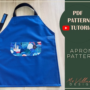 May include: A blue apron with a colorful pocket featuring a boat and waves. The apron has adjustable straps and a PDF pattern tutorial is available.