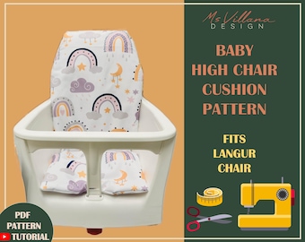Puede incluir: Un patrón de cojín para silla alta blanca con un diseño de arcoíris, nubes y estrellas. El patrón es para la silla alta Langur. Patrón PDF y tutorial incluidos.