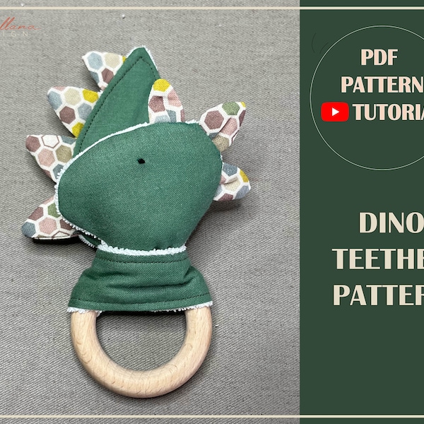 Dino teether sewing pattern and video-tutorial, baby sewing pattern PDF instant download baby teether