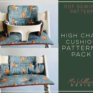 May include: A high chair cushion set featuring a blue fabric with a repeating pattern of brown bears. The set includes a backrest and seat pad, shown installed on a white wooden high chair. Text on the right reads PDF SEWING PATTERN HIGH CHAIR CUSHION PATTERNS PACK Ms Villana DESIGN.