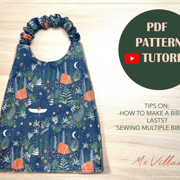 Easy Montessori bib pattern with videotutorial, pullover bib patter, elastic neck bib PDF pattern