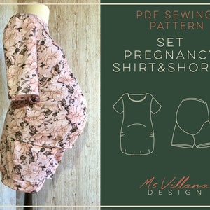 Pode incluir: Padrão de costura PDF para um conjunto de camisa e shorts de maternidade. O padrão inclui um desenho de linha da camisa e dos shorts. O texto "PDF SEWING PATTERN SET PREGNANCY SHIRT & SHORTS Ms Villana DESIGN" está na imagem.