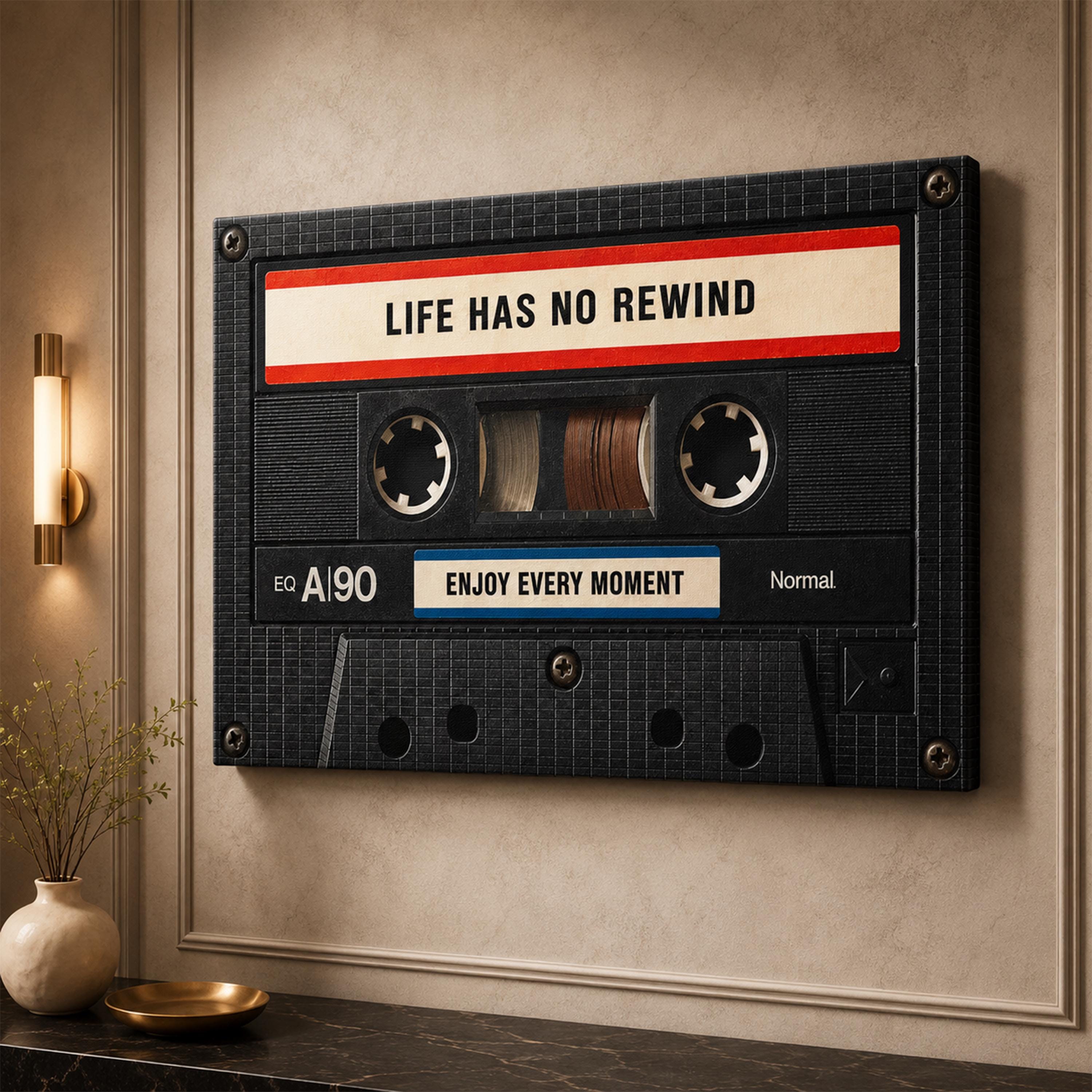 Life Has No Rewind – Cassette Canvas Print, Motivational Wall Art