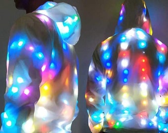 Faux Fur Led Jacket for Women Rainbow Light Up Coat Party Rave Costume EDC Festival Clothing