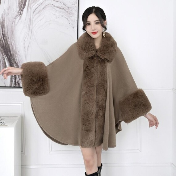 Verbeteren Tub zuiverheid Luxe vrouwen Faux Fur Trim Poncho Bont Trim Cape Losse - Etsy België