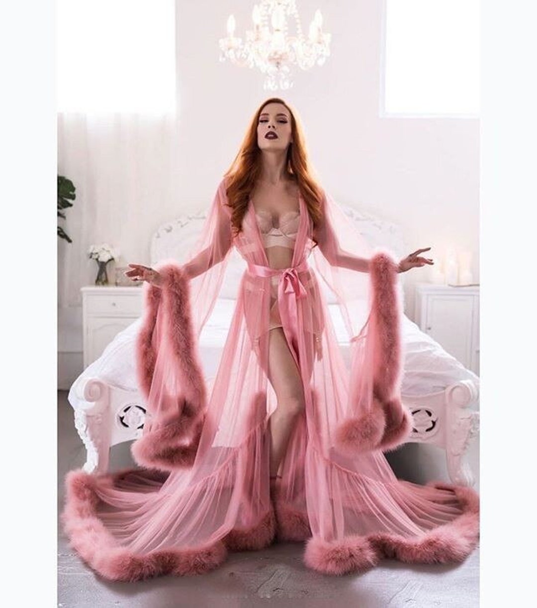 Sexy Long Bridal Sheer Fur Trim Robe Bridesmaid Wedding Gown Etsy