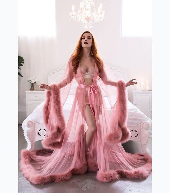 Sexy Long Bridal Sheer Fur Trim Robe 