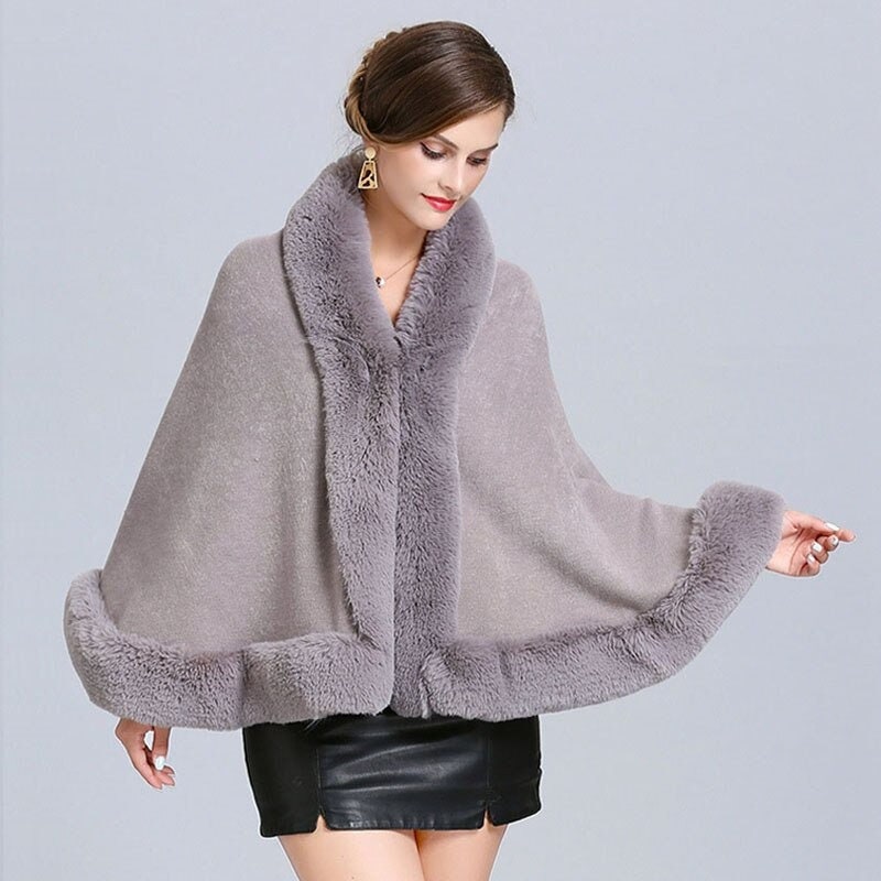 Luxury Women Faux Fur Trim Poncho Fur Trim Cape Loose Knit - Etsy UK