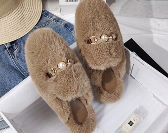 ofoot Womens Fuzzy House Slippers Indoor Outdoor Clogs Bedroom Shoes Warm Fluffy Teddy Fleece with Lace,Cozy Memory Foam Plush Lining Non Slip Rubber Sole