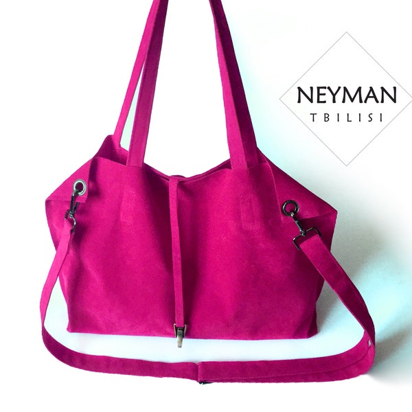 Oversize Fuchsia Tot / Bright Magenta Vegan Suede Leather Crossbody / Hot Pink, Large Shoulder Bag