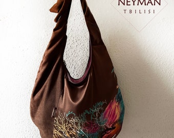 Boho Shoulder Crossbody Brown Unique Hobo Bag with Abstract Collorful Print Silk