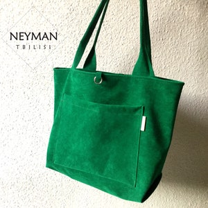 Oversize smaragdgrüne Vegan Wildleder Leder Umhängetasche/XL Shopper