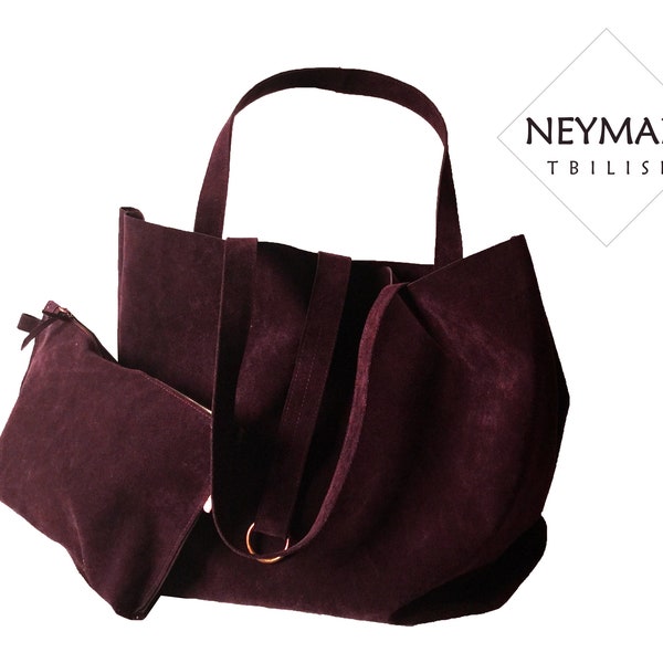 Oversize Burgundy Vegan Suede Leather Tote with Same Color Makeup Bag