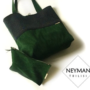 Oversize Grüne Tasche / Blaue Boucle und Waldgrün Vegan Wildleder Leder Tote mit Kosmetiktasche / Große Tote Shopper & Makeup Tasche mit Reißverschluss
