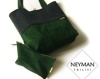 Oversize Green bag /Blue Boucle and Forest Green Vegan Suede Leather Tote with Cosmetic Bag / Large Tote shopper & Makeup Bag with Zipper