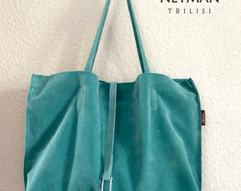 Oversize Türkis Vegan Wildleder Tote 2in1 Schultertasche + Gleiche Farbe Crossbody Bag