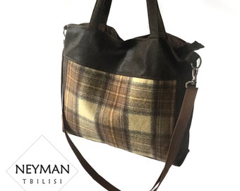 Brown Genuine Leather and Tartan Scottish Plaid Tweed Tote Bag