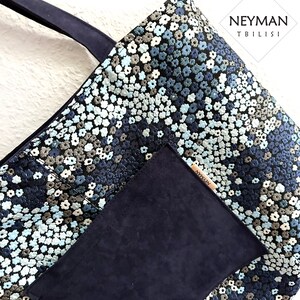 Blue Floral Embroidery Floral Fabric and Vegan Suede Leather Tote, Eco shopper Oversize bag with zipper/blossoms fabric