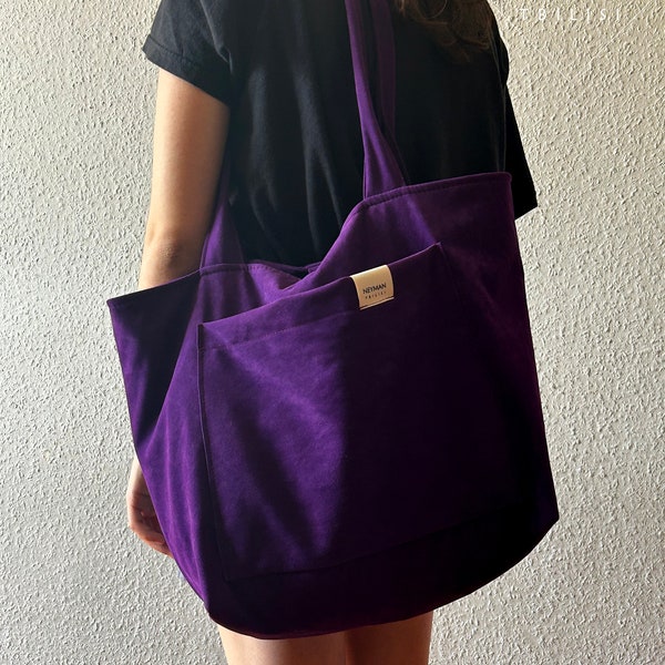 Sac à bandoulière oversize en daim végétalien violet foncé/cabas XL/sac cabas violet