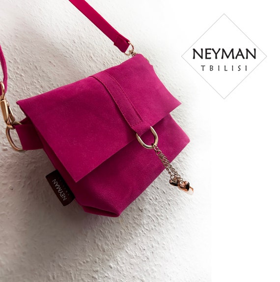 Small Hot Pink Vegan Suede Leather Crossbody Shoulder Bag