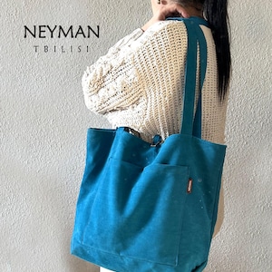 Oversize Himmelblau Vegan Wildleder Umhängetasche/XL Shopper/Deep Sky Blue Tasche