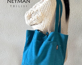 Oversize Cerulean Blue Vegan Suede Leather Shoulder Bag/XL shopper/deep sky blue tote