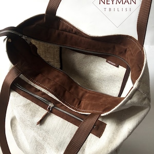 Oversize Linen Tote Bag, Eco Shoulder Bag, Beige/White Canvas and Brown Vegan Suede Leather XXXXL Summer Bag
