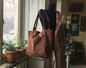 Camel Brown Vegan Suede Leather Shoulder Bag / Cognac Browne Eco Tote / Oversize Bag with Big Pocket