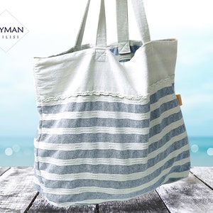 White Linen Oversized Beach Bag, Natural summer bag with Navy Striped and pocket XXL Size